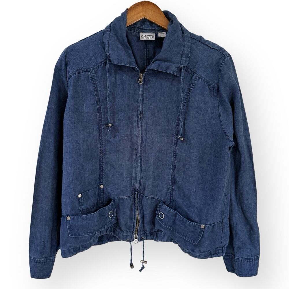 Chico's Delave Chambray 100% Linen Maylee Zip Jacket Dark Indigo Size 2 (M/12)